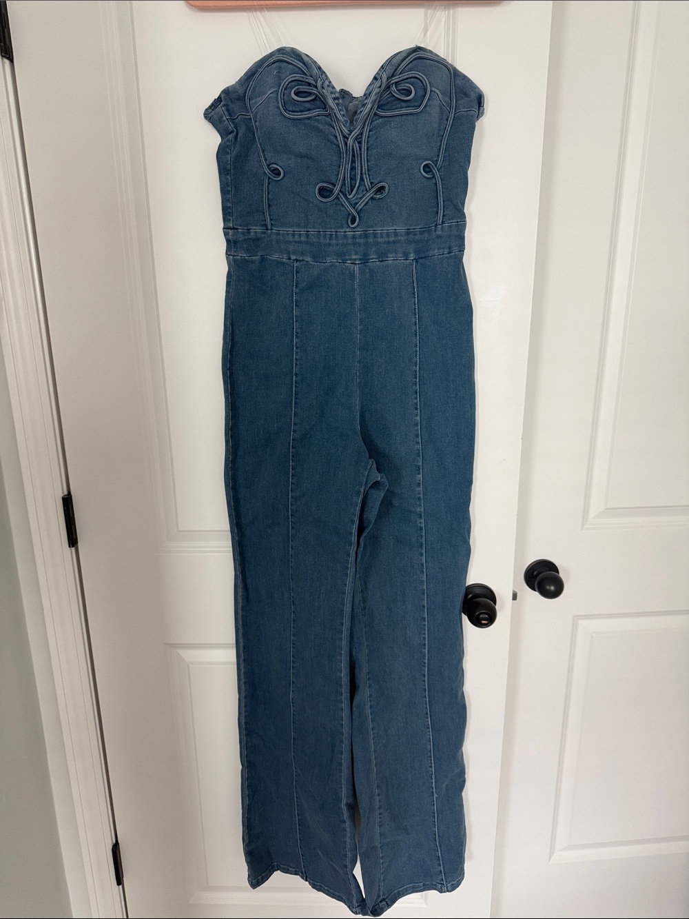 Fashion Nova Blue Strapless Lace-Up Denim Jumpsuit